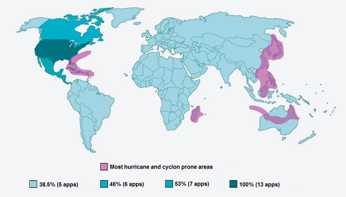 Figure 4. Map of hurricane exposure correlated with the number of available specialised applications for use in dealing with hurricanes. Source: By the author using data from the Internal Displacement Monitoring Center (IDMC).